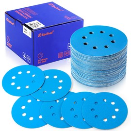 SpeTool Sandpaper 125 mm Velcro 60 Pieces Sanding Discs 8 Holes Sandpaper Set Grit 80 120 180 240 320 400 for Random Orbital Sanders Ceramic Sandpaper Round for Wood Metal