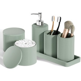 InnJoey 6-Piece Green Bathroom Set - Mesh Textured Resin Bathroom Accessories Set with Soap Dispenser, Toothbrush Holder, Cup, Vanity Tray & Apothecary Jars for Small Spaces