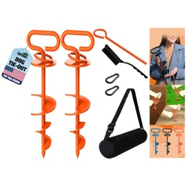 Eurmax USA Dog Tie Out Stake Triple Lock Heavy Duty Dog Anchor for Large Dogs Trampoline Stakes Dog for Yard and Outdoor Dog Runner Install & Travel Kit Included,2-Pack(Orange)