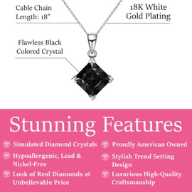 Cate & Chloe Samantha 18k White Gold Plated Black Crystal Necklace | Women's Silver Pendant Necklace with Solitaire Square Cut Crystal, Hypoallergenic, Fashion Jewelry for Women, Gift for Her