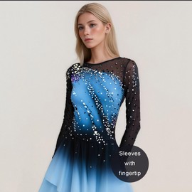 JoyCan Girl's Long Sleeved Blue Gradient Figure Skating Dress Elegant Figure Skating Skirt for Performance and Practice