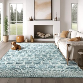 jinchan Moroccan 8x10 Area Rugs for Living Room - Machine Washable Modern Geometric Stain Resistant Ultra-Thin Low-Pile Large Rug Non-Slip Carpet for Bedroom Kitchen Dining Room (8x10ft,Teal Blue)