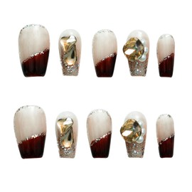 Tesytto Short Coffin Red French Tip Press On Nails - Nude Gold Glitter & 3D Rhinestone Decor Handmade Nails for Wedding,Party (Wine Red Romance,M)