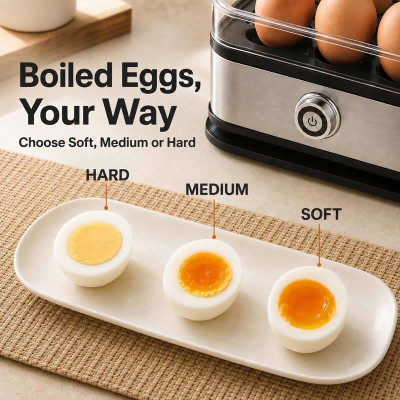6-Egg Electric Egg Cooker, Stainless Steel Body, Auto Heat Shut-Off