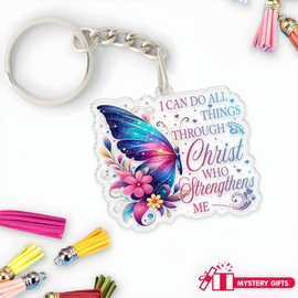 I Can Do All Things Through Christ Keychains 2 Inches Funny Butterfly Christian Bible Verse, Keychain for Keys, Handbags, Backpacks, Suitcases, Keyrings, Acrylic Material DIY Accessories Gifts for Mom