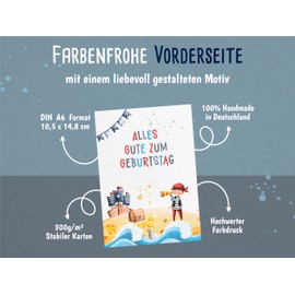 Geburtstagskarte Kinder Piraten – A6 Postkarte mit Umschlag – Piratenschiff, Schatztruhe & Junge mit Fernrohr – lustige Glückwunschkarte Jungen & Mädchen – Kindergeburtstag Grußkarte