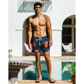 MaaMgic Men's Swimming Shorts, Vintage Retro Board Shorts, Quick-Drying with Mesh Lining and Adjustable Drawstring, Reusable - Red (red flowers), size: l