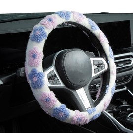 Flowers Lambswool Steering Wheel Cover Auto Steering Wheel Protector, Anti-Slip, Breathable, Absorbing Sweat, Universal Floral Car Accessories 14.5–15 inch,Fit for Most Car, Trucks, SUV