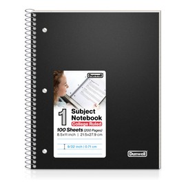 Dunwell College Ruled Spiral Notebook, (Black) 1 Subject Notebook 8.5 x 11 With Plastic Cover & Pocket Divider, 100 Sheets, Perforated Pages, One Subject Spiral Notebook School, 8 1/2 x 11 Paper