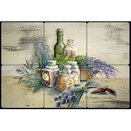 Spice of Life by Rita Broughton - Kitchen Herbs Tumbled Marble Tile Mural Backsplash 12" x 8" - Backsplash Decor
