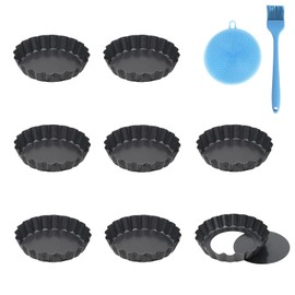 Mini Tart Pans 4 inch with Removable Bottom Set of 8,Sturdy Carbon Steel Non Stick Pie Pans for Baking,Quiche Pans Tart Molds for Mousse Cakes, Christmas Dessert with Silicone Scrubber and Brush