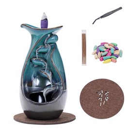 Ceramic Backflow Incense Holder, Waterfall Incense Burner, with 20 Backflow Incense Cones+30 Incense Stick, Aromatherapy Ornament Home Decor, Desk Decor (B)