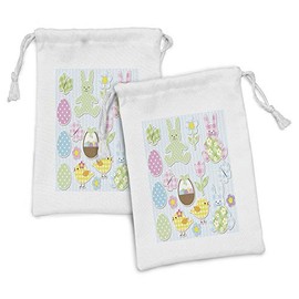 Ambesonne Easter Fabric Pouch Set of 2, Theme Bunnies and Chicks with Giant Eggs Pastel Colored Holiday Illustration, Small Drawstring Bag for Toiletries Masks and Favors, 9" x 6", Multicolor