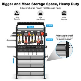 JUNNUJ Power Tool Organizer Floor Stand with Charging Station, Garage Adjustable Storage Rack Utility Tool Shelf with 8 Outlet Power Strip, Heavy Duty Drill and Battery Holder