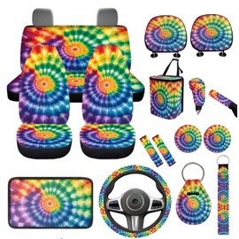 WUYOJUXA Tie Dye Car Seat Covers Full Set 17 Pcs Hippie Car Interior Accessories Rainbow Tie Dye Print Steering Wheel Covers Headrest Pillow Covers Automotive Cans Organizer Keychains Armrest Pad