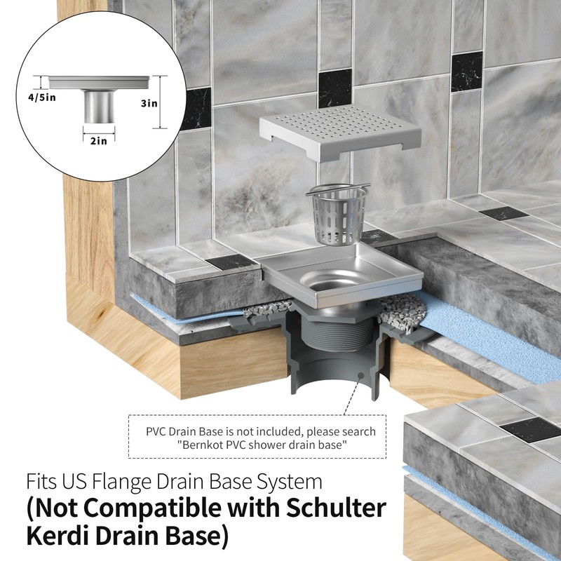Bernkot Square Shower Drain 8", 304 Stainless Steel Floor Drain