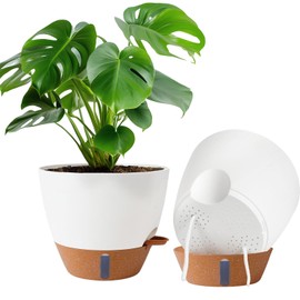 2 Pack 10 inch Plant Pots, Plastic Self Watering Planters with Drainage Holes, Deep Reservoir, Water Level Indicator, Modern Decorative Flower Pots for Indoor Outdoor Plants (White, 10 inch)