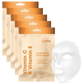 Radiant Aura Face Sheet Mask with Vitamin C & E - Dermatologist Tested Korean Beauty Mask for Brightening & Deep Hydration - Premium Facial Treatment for Glowing & Rejuvenated Skin - 5 Pack