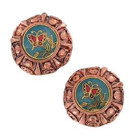 Cloisonne Teal Blue Floral Butterfly Round Button Clip On Earrings 1.25' Vintage Adorable Statement Jewelry Earrings for Women AG4229