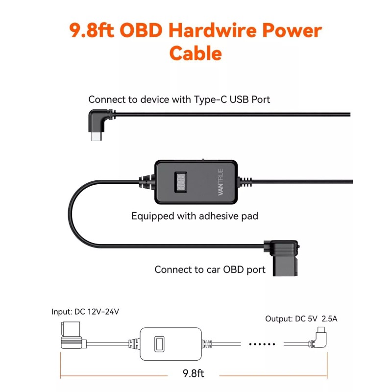 Vantrue OBD Hardwiring Cable for USB-C Dashcams with LCD Screen