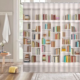 ZKJSMGS Bookshelf Shower Curtain Library Vintage Educational Bookcase Readable Book Wooden Bookcase Antique House Hippie Art Wall Fabric Bathroom Home Decor Curtain with 12 Hooks,71" Wx71 H,Beige