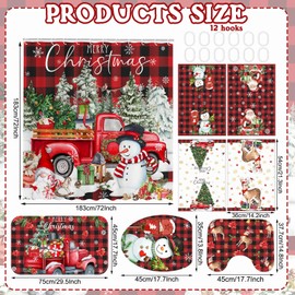 FuWeave 8 Pcs Christmas Shower Curtain Set Xmas Santa Bathroom Decoration Christmas Tree Hand Towels Snowman Toilet Lid Cover Bathroom Rugs Xmas Shower Curtain with Hooks(Buffalo Plaid)