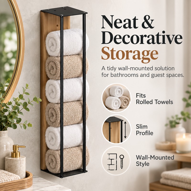 Wall-Mounted Towel Rack for Bathroom Storage – Iron & Wood
