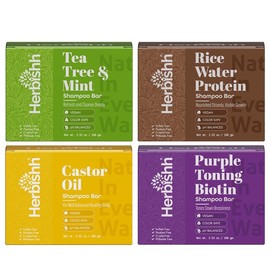 Herbishh Shampoo Bar Set – Castor Oil, Tea Tree & Mint, Purple Toning with Biotin, Rice Water – Solid Shampoo Bars for Hair Growth, Oily Hair, Blonde & Thinning Hair, Sulfate-Free, Eco-Friendly 4 Pk