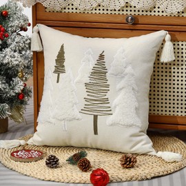 Lewondr Christmas Cushion Covers, 45 x 45 cm, 1 Piece Soft Pellet Velvet Embroidery Trees, Brown White Decorative Lumbal Cushion Cover with Tassel, Luxury Throw Cushion Cover for Bed, Home Decor