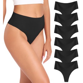 Wealurre Womens Underwear High Waisted Seamless Thongs for Women Breathable No Show Panties for Ladies 6 Pack (Black,XL)