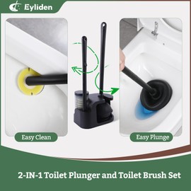 Eyliden Toilet Bowl Wand Kit and Plunger Combo, with 10pcs Refills, Disposable Toilet Brush and Plunger with Holder Set, Quick Change Cleaning Sponges Head, Compact Toilet Bowl Brush Set (Black)