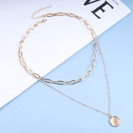 Yheakne Boho Layered Moonstone Necklace Gold Opal Moonstone Pendant Necklace Paper Clip Chain Choker Necklace Punk Flat Chain Necklace Jewelry for Women and Girls (Gold)