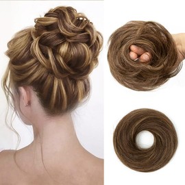 isheeny Messy Bun Hair 100% Human Hair Bun Extensions Brown with Highlights Messy Bun Hair Piece For Women, Perfect For Messy Bun Hair Extensions Fake Hair Bun Enhancer That扴 Voluminous Natural