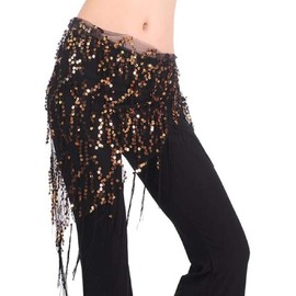 Women Belly Dance Hip Scarf, Sequin Tassels Triangle Tribal Wrap Skirt Waist Chain (AU, Alpha, One Size, Regular, Regular, Black Gold)