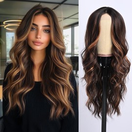 SeclitWu Long Dark Brown Mixed Blonde Wave Wig for Women 26 Inch Middle Part Wavy Wigs With Highlight Natural Looking Synthetic Heat Resistant Fiber Wig for Daily Party Use (Brown Mixed Blonde)