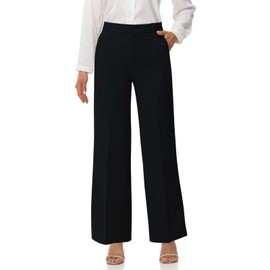 Soojun Women's Flat Front Wide Leg Pants Business Casual Trousers Office, Black, 6 Regular