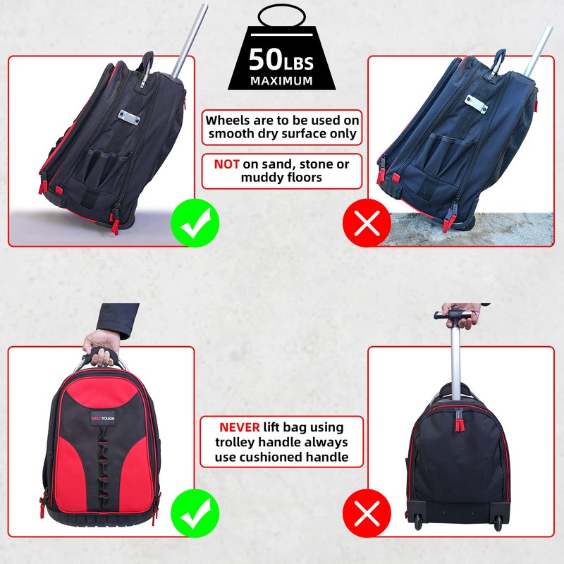 MELOTOUGH Wheeled Rolling Tool Backpack Heavy Duty Tradesman Pro Tool