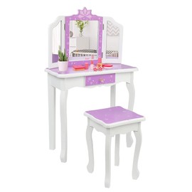 VALUE BOX Kids Princess Vanity, Girl Makeup Dressing Vanity Set with Stool and Tri-Folding Mirror, 2 in 1 Toddler Vanity Table with Drawer for Girls Age 3-9 (Purple)