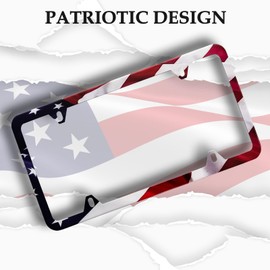 LIN KANG American Flag License Plate Frame Holder - 2 Pack Patriotic Universal Aluminum Matte Stripe US Flag Gloss Car Plate Frame Covers with 4 Holes and Screws Fasteners Caps