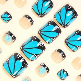 Black French Tip Press on Toenails Summer Fake Toenails Short Square Toe Nails Press ons Blue Butterfly 3D Flower Rhinestones Design Nude Fake Toe Nails Acrylic Stick on Toenails for Women 24Pcs