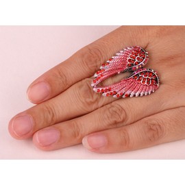 YACQ Women's Angel Wings Stretch Rings Fit Finger Size 7 to 9 - Elastic Soft Band Perfect for Arthritis - Lead & Nickle Free - Silk Scarf Holders - (1-1/2 H x 1-1/5 W) Inches (Red)