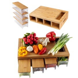 BAMBOO LAND Large bamboo cutting board with 4 trays/drawers/container and bamboo lids, Chopping board with juice grooves, handles & food sliding opening, cutting board For easy food prep and cleanup