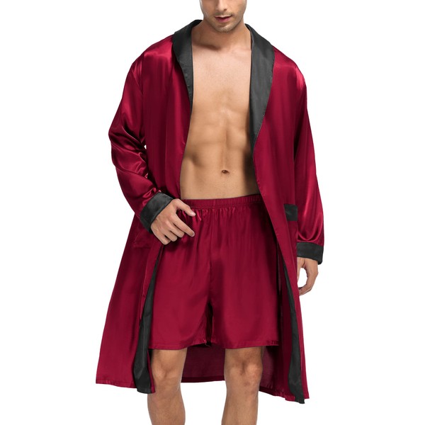 SWOMOG Mens Satin Robe Lightweight Silk Spa Bathrobe with Shorts
