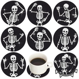 Purpeak 8 Pcs Diamond Coasters Skull Diamond Painting Coasters Farmhouse Diamond Painting Coasters with Holder DIY Diamond Art Coasters Kits DIY Diamond Crafts for Gift