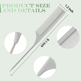 Leinuosen 3 Packs Rat Tail Comb Steel Pin Rat Tail Carbon Fiber Heat Resistant Teasing Combs with Stainless Steel Pintail (Gray)