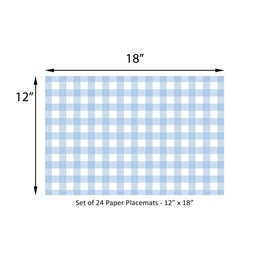 Baby Blue Gingham Paper Placemats - Set of 24 Disposable Placemats 12" x 18" - Perfect for Weddings, Parties, Backyard BBQ's, Bridal/Baby Shower - Printed on Quality Thick Paper - Made in The USA