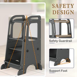 Toddler Tower with Chalkboard, Toddler Kitchen Stool Helper Adjustable Height, Standing Tower, Kitchen Step Stool for Toddlers with Anti-Slip Protection Design and Safety Feet (Grey)