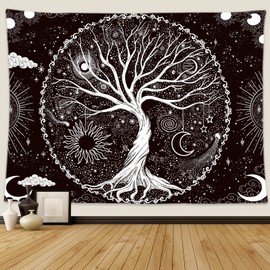 Wonrizon Tree of Life Tapestry,Black and White Galaxy Space Tapestries Aesthetic Psychedelic Wall Hanging decor for Living Room Bedroom (59.1" x 59.1")