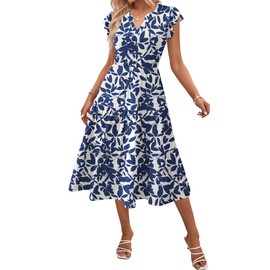 Zeagoo Dresses for Women Casual Summer Tropical Dresses Womens Midi Dress V Neck Tiered Dress with Pockets Short Sleeve Sundress Womens Maxi Dresses XL