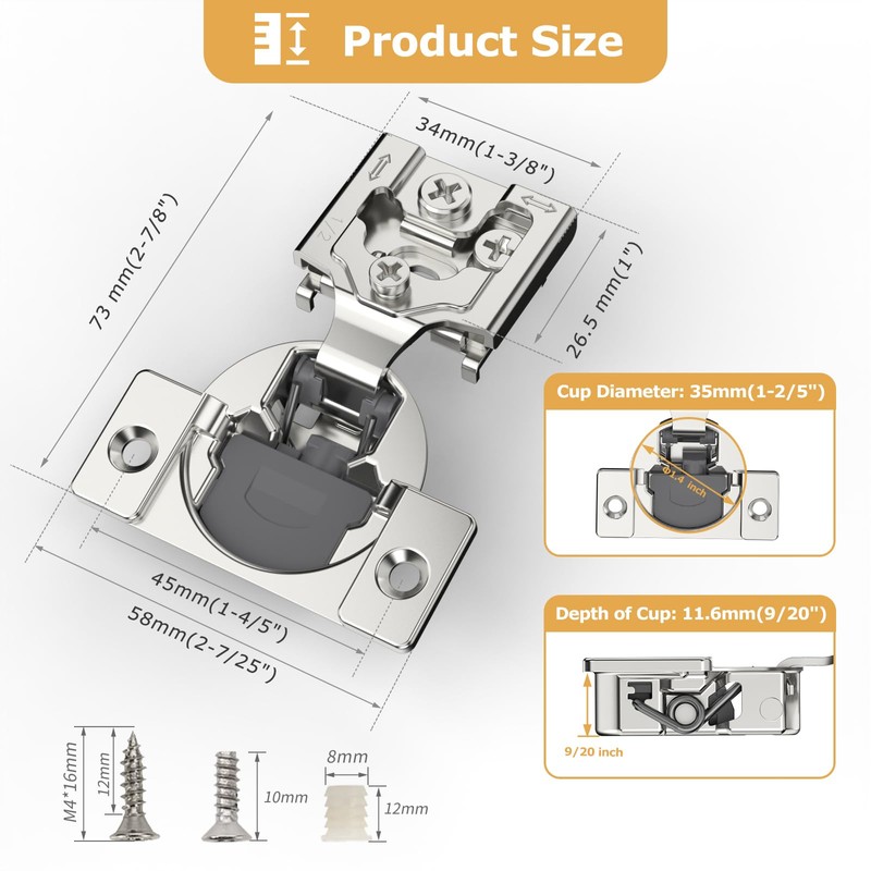 Furniware 50 Pieces 1/2 inch Overlay Soft Close Cabinet Hinges